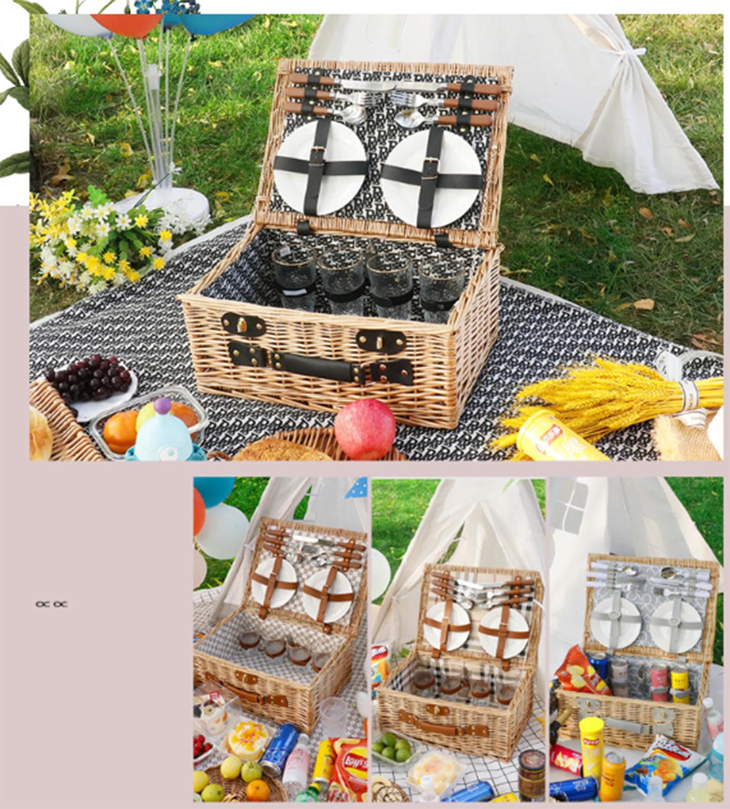 新品ピクニックバスケット 4人分食器付き